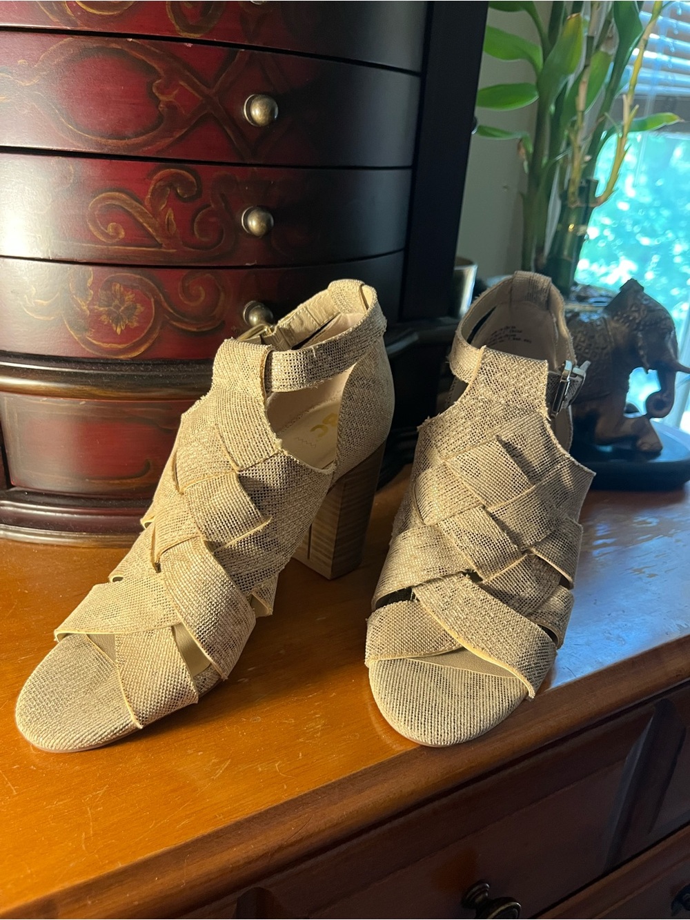 Woven Tan Block Heel Sandals for Women